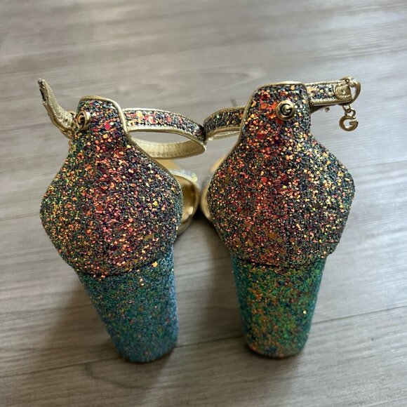G By Guess Shantel Gold Rainbow Glitter Party Strappy Block Heels Size W7 - Picture 4 of 7